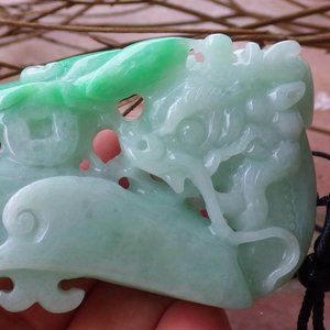 Certified Natural Burma A Jade jadeite Dragon Lotus Flower Hook Pendant Necklace